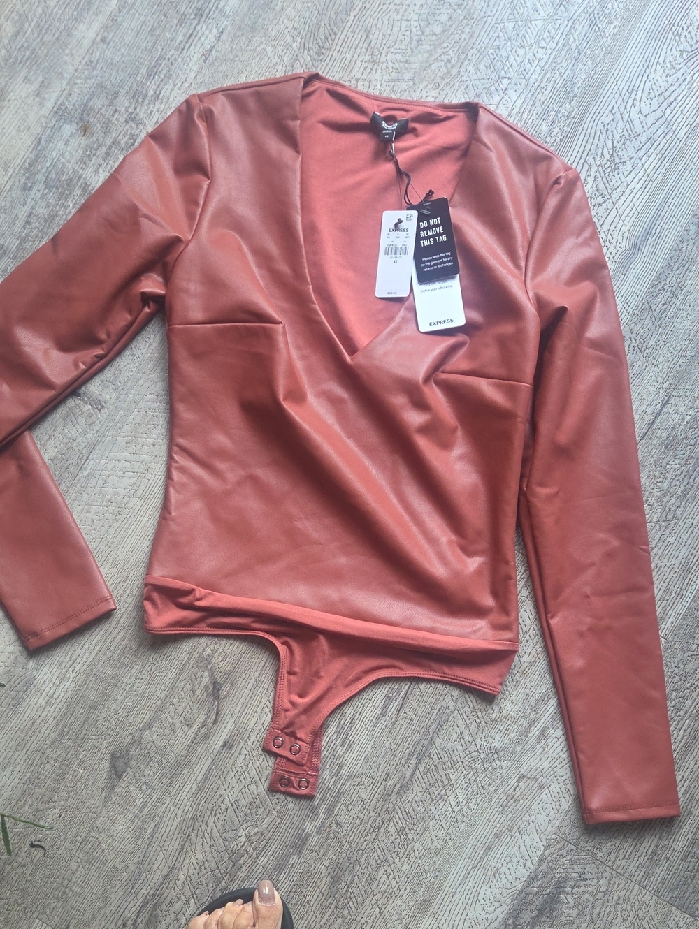 Express Rust Faux-Leather V-Neck Long-Sleeve Bodysuit